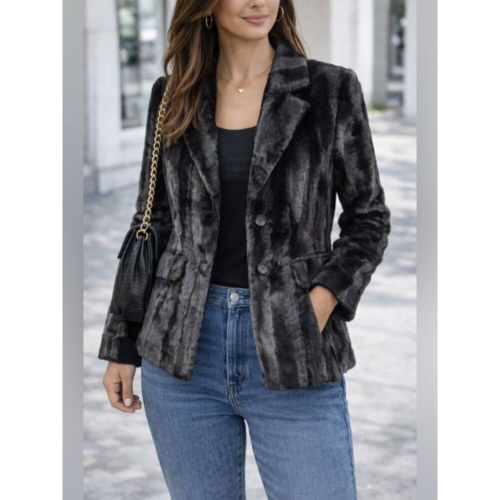 The Limited Black Faux Fur Blazer Jacket Small Textured Stripe Y2K Mob Wife